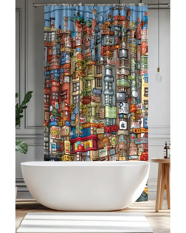 Banyo Perdesi, Renkli Sokaklar Desenli Duş Perdesi, Küvet Perdesi, Halka Hediyeli 175x200cm BP-44