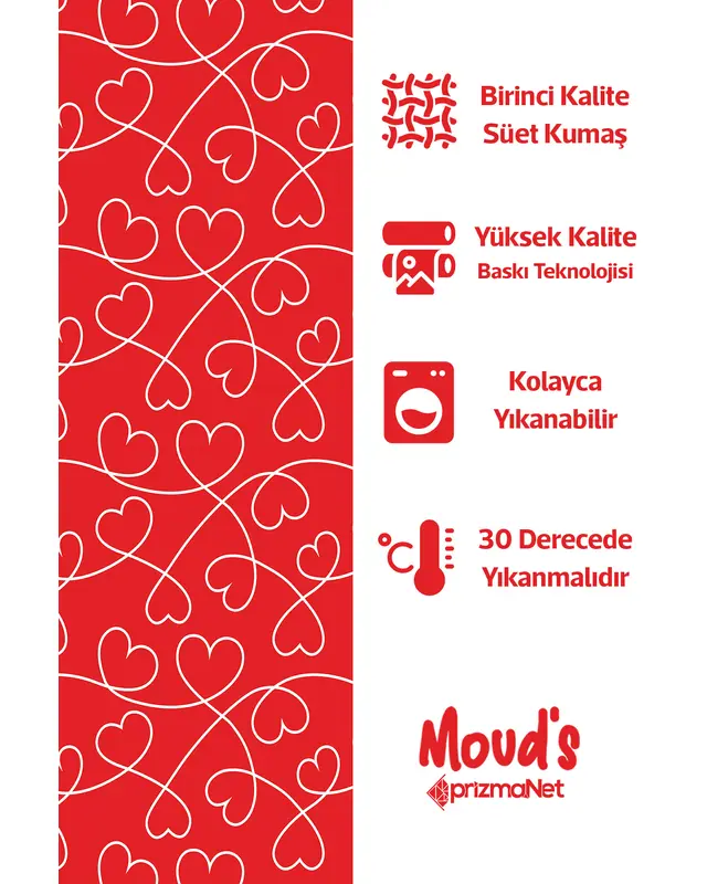 Kırmızı Kalpler Desenli Baskılı Süet Runner Masa Örtüsü - 3