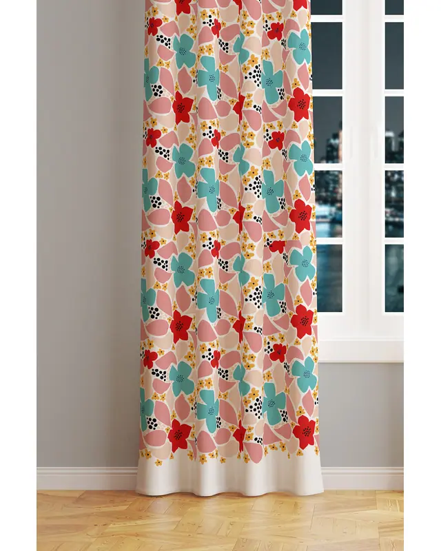 Vibrant Colorful Flowers Patterned Suede Living Room Decorative Curtain Pencil Pleat - Single Panel - PRD-1033-TK