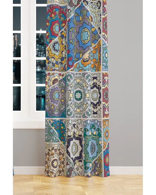 Mosque Tiles 4 Desenli Süet Oturma Odası Salon Fon Perde Baskılı Ekstrafor Büzgü TEK KANAT PRD-1087 - 2