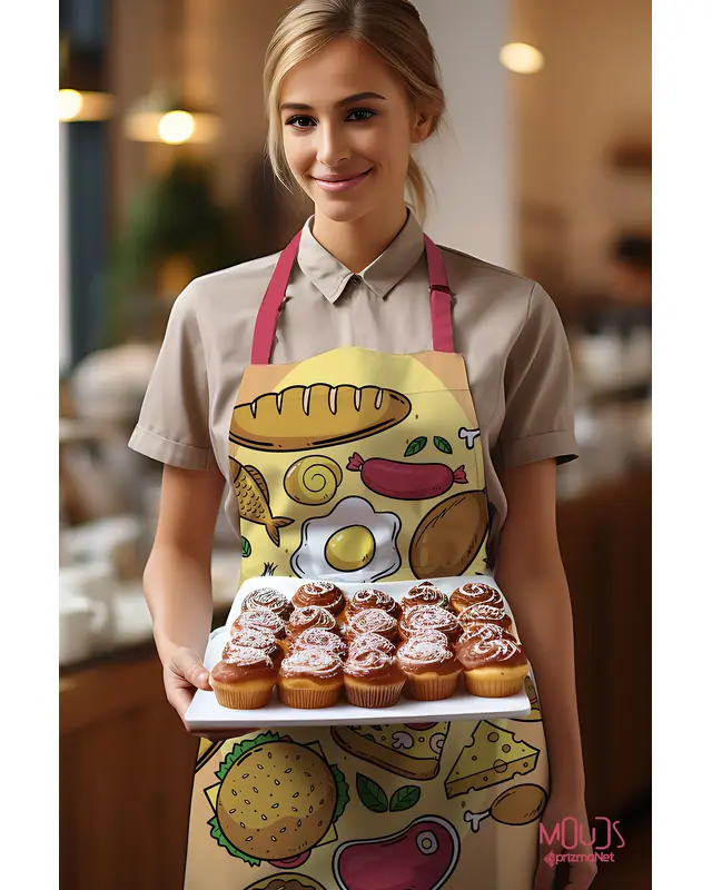 Suede Textured Fabric Colorful Foods Patterned Kitchen Apron, Chef Apron, Waiter Apron, Restaurant Apron - MTF-62 - 2
