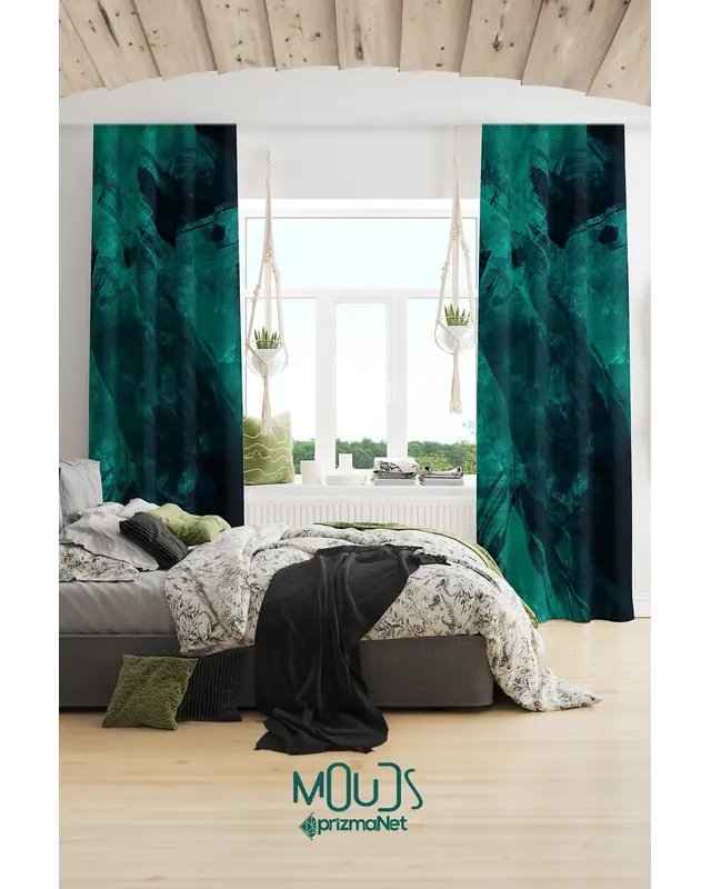 Green Navy Patterned Suede Living Room, Salon Decorative Curtain Printed Pencil Pleat - Set of 2 Panels - PRD-1001 - 2