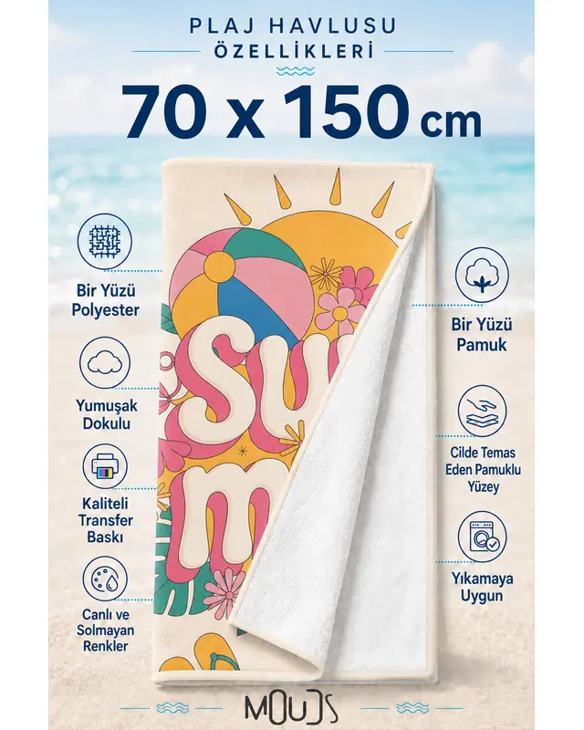 Dijital Baskılı 70x150cm Summer Desenli Plaj Havlusu - Banyo Havlusu - Deniz Havlusu - 3