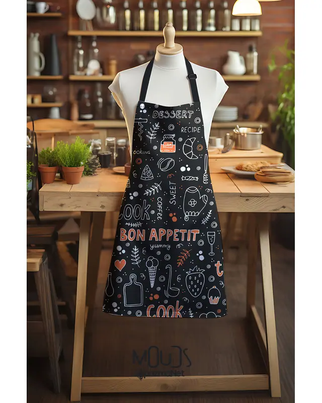 Süet Dokulu Kumaş Bon Appetit Cook Desenli Mutfak Önlüğü, Aşçı Önlüğü, Garson Önlüğü, Restoran Önlük