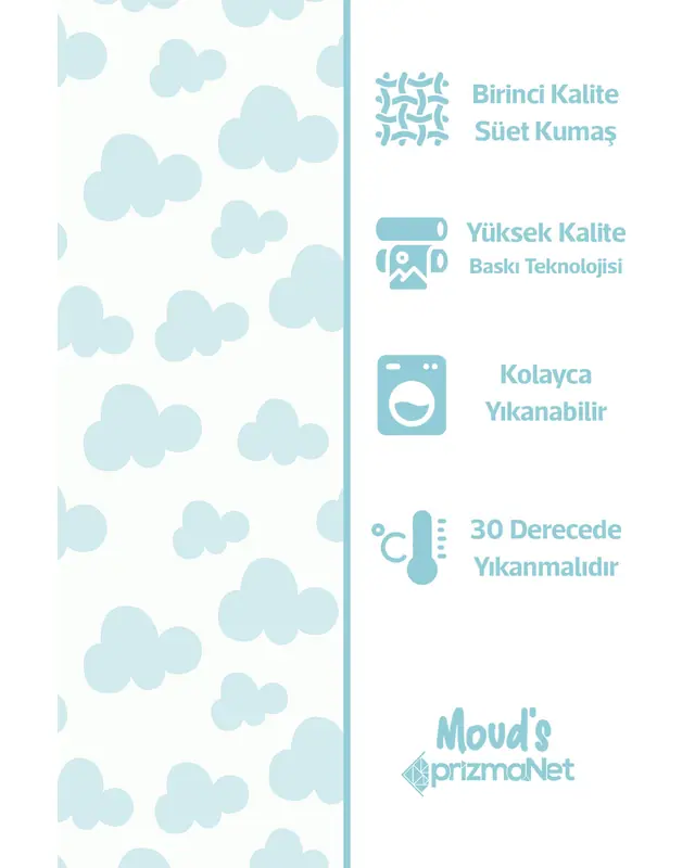 Blue Cloud Patterned Printed Kids' and Baby Room Decorative Curtain - Set of 2 Panels - PRD-06 - 4