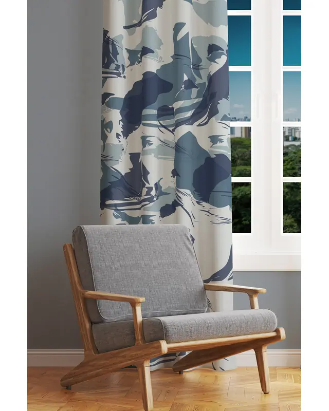 Blue Camouflage Patterned Suede Living Room Decorative Curtain Printed Pencil Pleat - Single Panel - PRD-1083-TK - 2