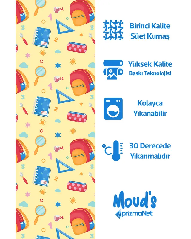 Sarı Defter ve Okul Çantası Desenli Süet Dertsiz Masa Örtüsü - 2