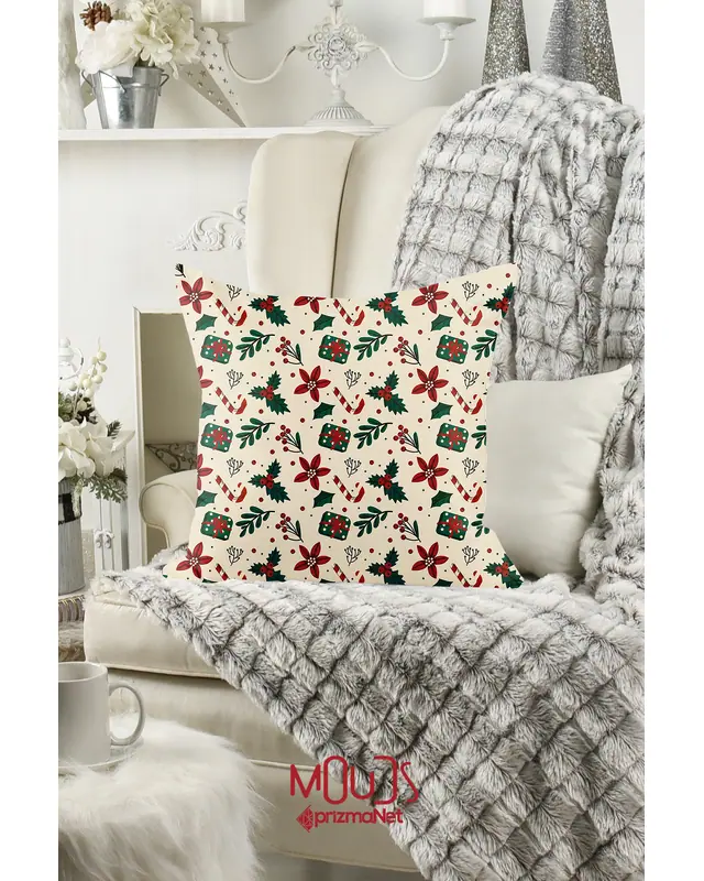 Double-Sided Printed Krem Kokina Çiçeği Christmas Pattern Cushion Cover Suede New Year - PL1134