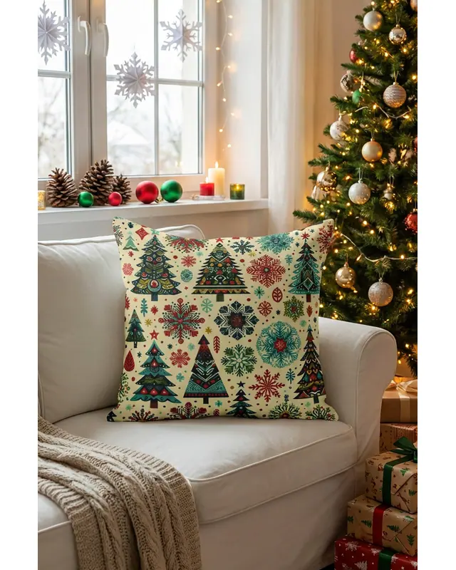 Colourful Christmas Trees Pattern Cushion Cover Double-Sided Printed Decorative Pillow Cover - PL1139