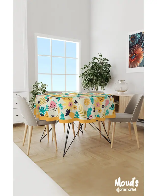 Sarı Ananas Karpuz Limon Desenli Yuvarlak Süet Dertsiz Masa Örtüsü