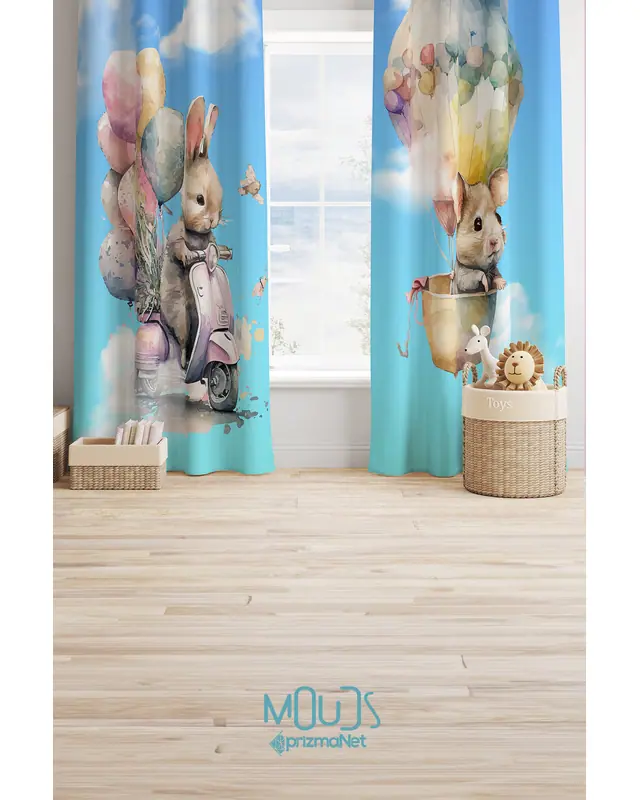 Rabbit and Ratchet Patterned Decorative Curtain Kids' and Baby Room Printed Suede Pencil Pleat - Set of 2 Panels - PRD-67 - 2