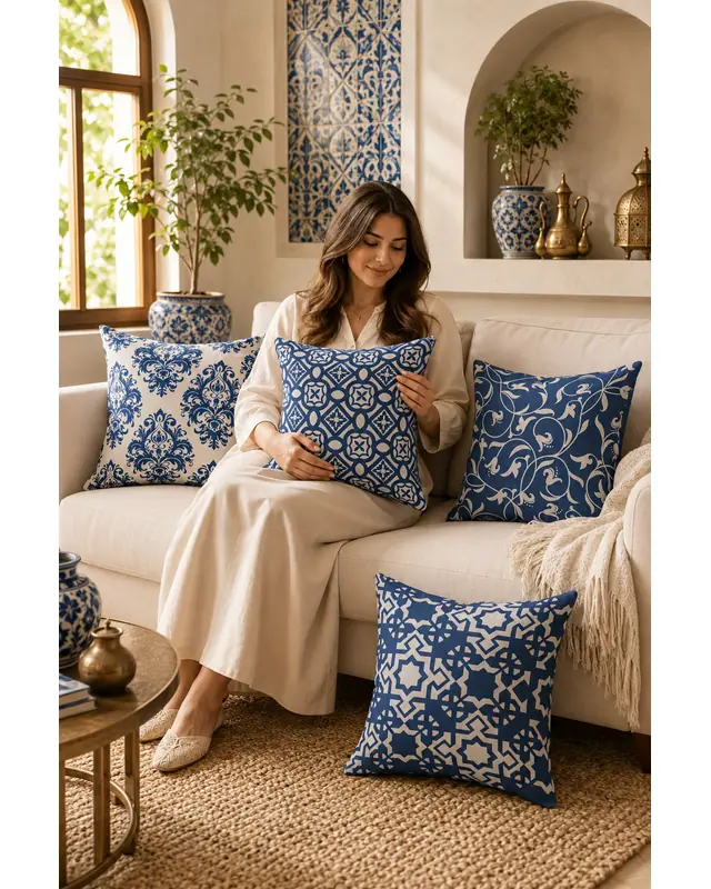 Double-Sided Printed Navy Vintage Pattern Set of 4 Coordinated Suede Cushion Cover - 2