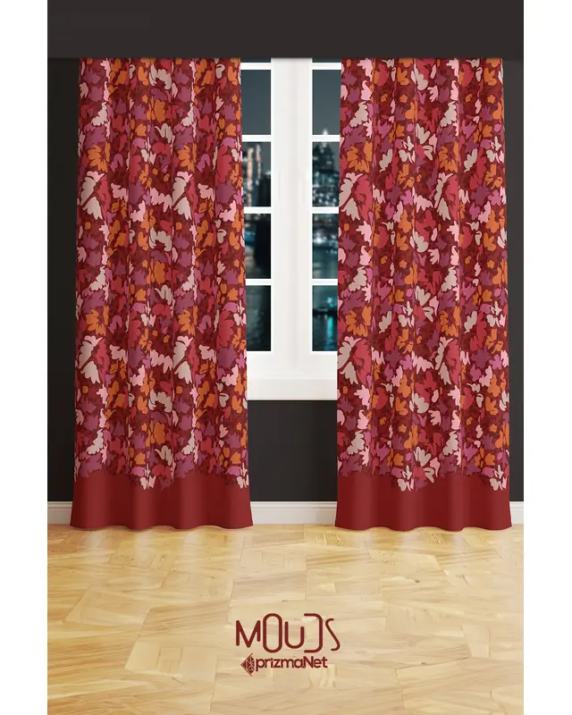Burgundy 2 Desenli Süet Oturma Odası Salon Fon Perde Baskılı Ekstrafor Büzgü 2 Kanat PRD-1056 - 2
