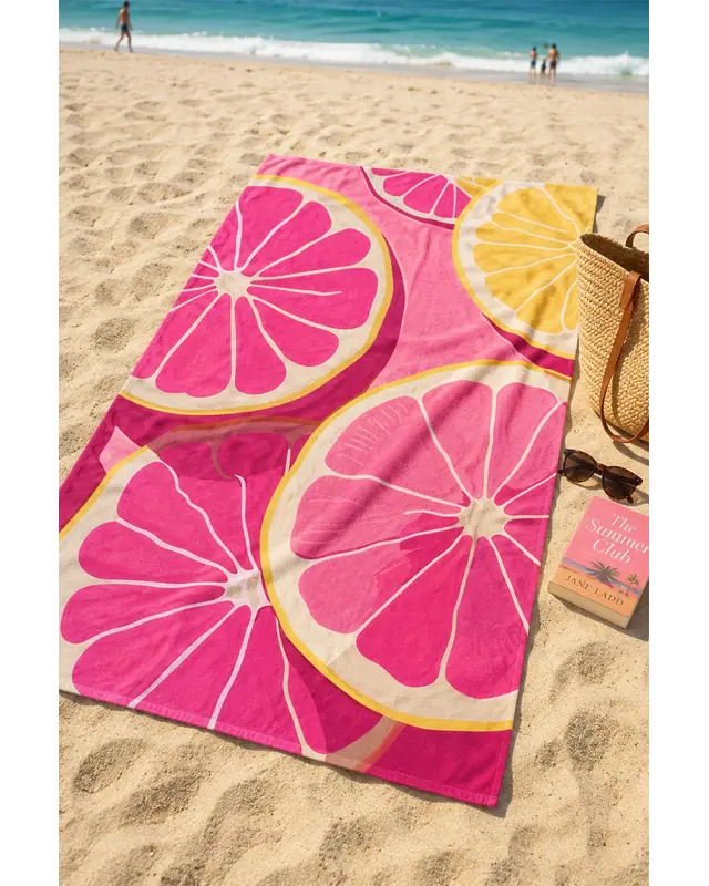 Dijital Baskılı 70x150cm Pembe Greyfurt Desenli Plaj Havlusu - Banyo Havlusu - Deniz Havlusu