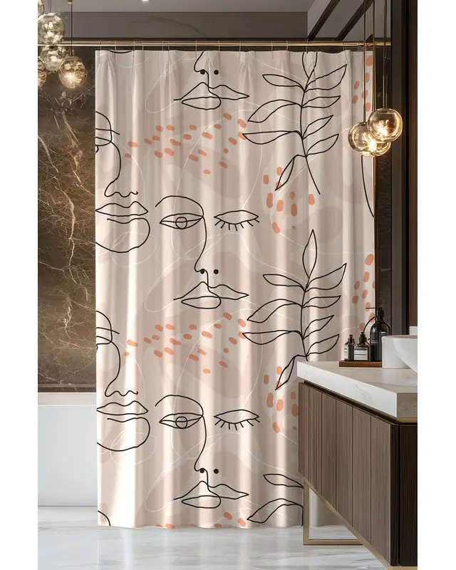 Banyo Perdesi, Çizgisel Kadın Desenli Duş Perdesi, Küvet Perdesi, Halka Hediyeli 175x200cm BP-63