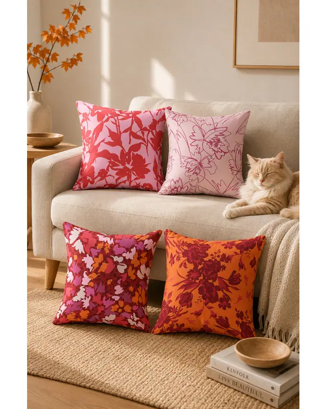 Double-Sided Printed Burgundy Pattern Set of 4 Coordinated Suede Cushion Cover - 6