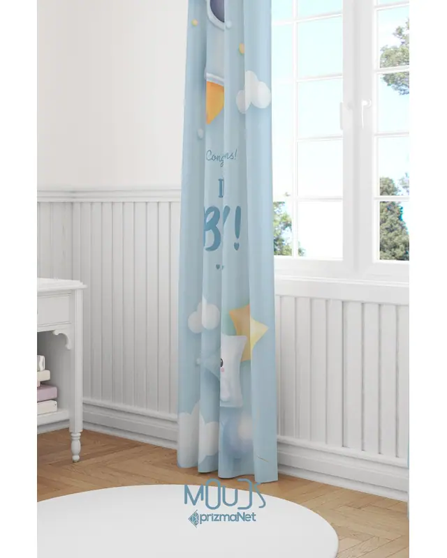 Blue Male Patterned Decorative Curtain Kids' and Baby Room Digital Printed Suede Pencil Pleat - Single Panel - PRD-52-TK - 2