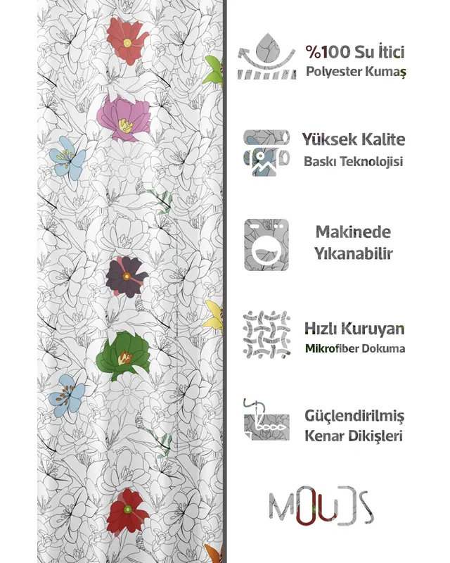 Banyo Perdesi, Çiçek Serisi Desenli Duş Perdesi, Küvet Perdesi, Halka Hediyeli 175x200cm BP-104 - 2