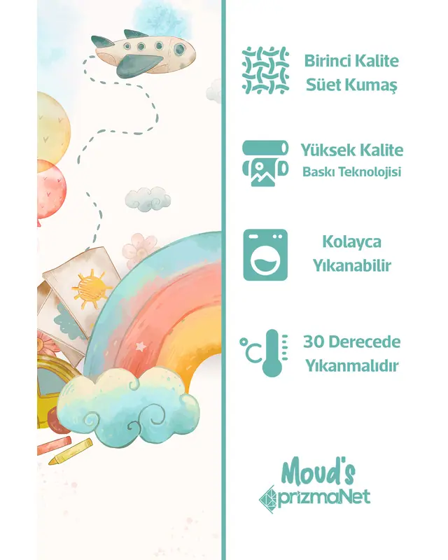 Gökkuşağı Desenli Baskılı Çocuk ve Bebek Odası Fon Perdesi 2 Kanat - PRD-15 - 4