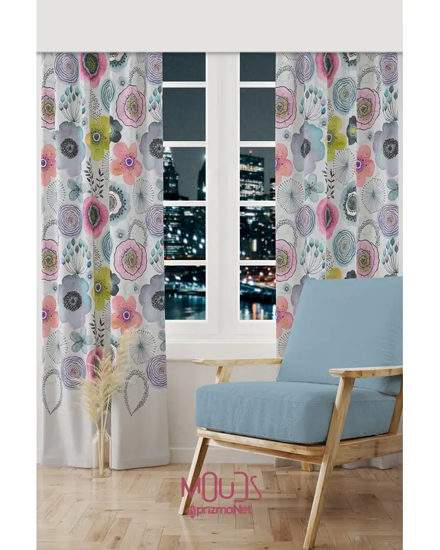 Water Flower Patterned Suede Living Room Decorative Curtain Printed Pencil Pleat - Set of 2 Panels - PRD-1104