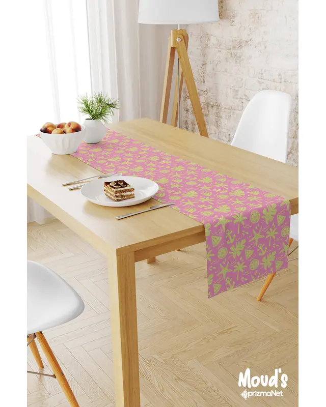 Pembe Sarı Palmiyeler Desenli Baskılı Süet Runner Masa Örtüsü