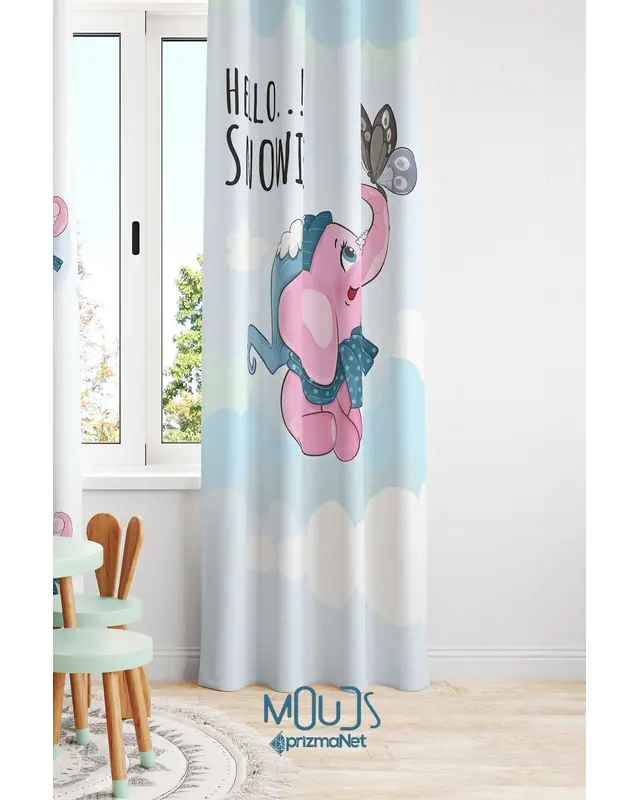 Pink Elephant Patterned Decorative Curtain Kids' and Baby Room Digital Printed Suede Pencil Pleat - Single Panel - PRD-24-TK - 2