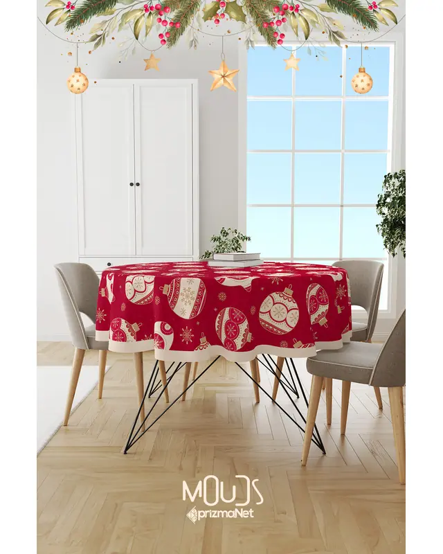 Christmas Balls Round Easy-Care Suede-Feel Tablecloth - MSY-208 - 2