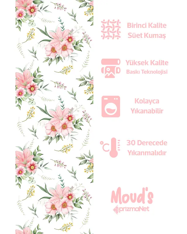 Açık Pembe Çiçek Desenli Yuvarlak Süet Dertsiz Masa Örtüsü - 2