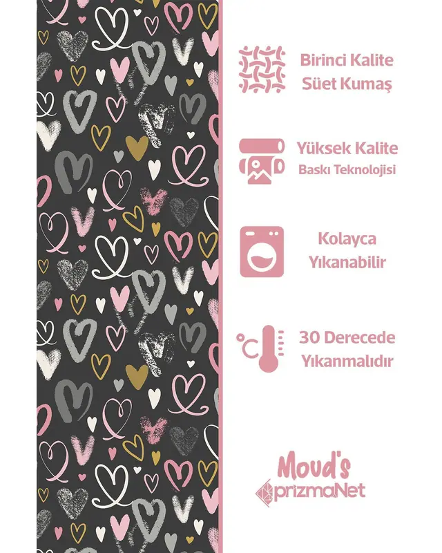 Gray Hearts Patterned Decorative Curtain Kids' and Baby Room Digital Printed Suede Pencil Pleat - Single Panel - PRD-34-TK - 7
