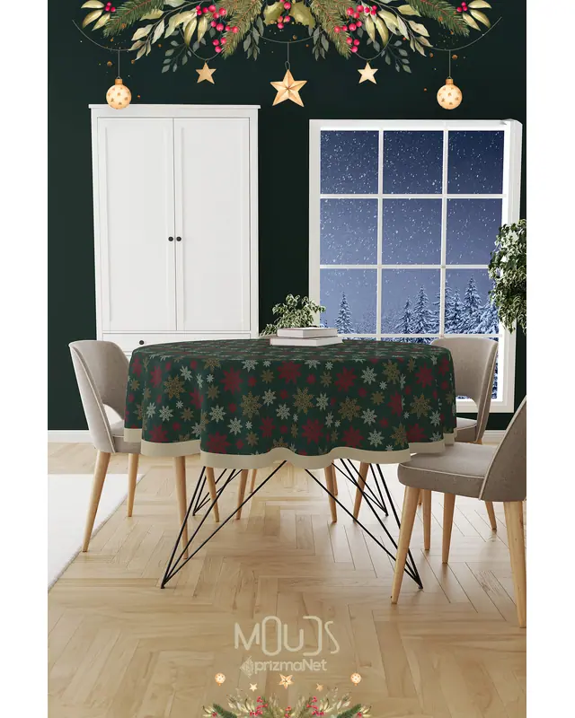Dark Green Snowflakes Christmas Round Easy-Care Suede-Feel Tablecloth - MSY-275 - 2