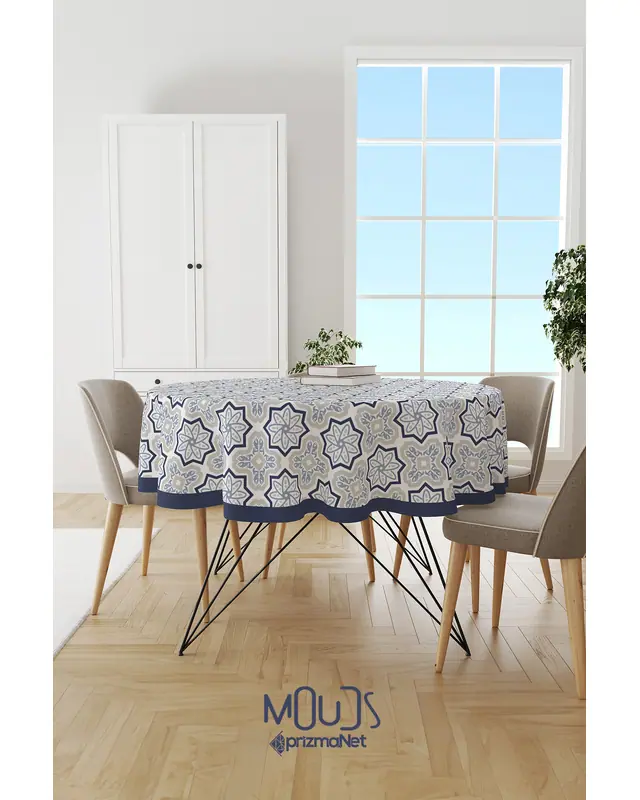 Navy Blue Smoky Grey Ornament Islamic Round Easy-Care Suede-Feel Tablecloth - MSY-233 - 2