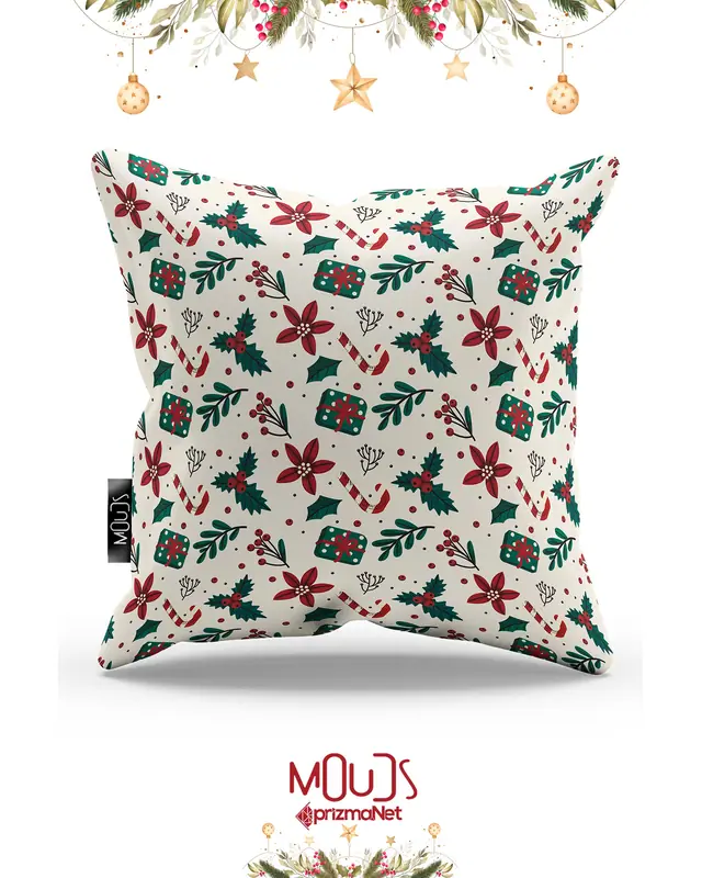 Double-Sided Printed Krem Kokina Çiçeği Christmas Pattern Cushion Cover Suede New Year - PL1134 - 3