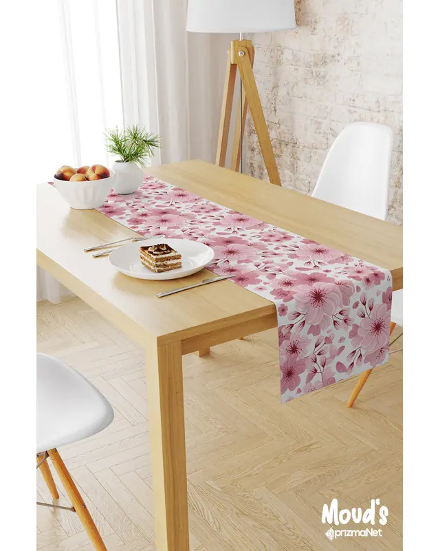 Pembe Çiçek Desenli Baskılı Süet Runner Masa Örtüsü