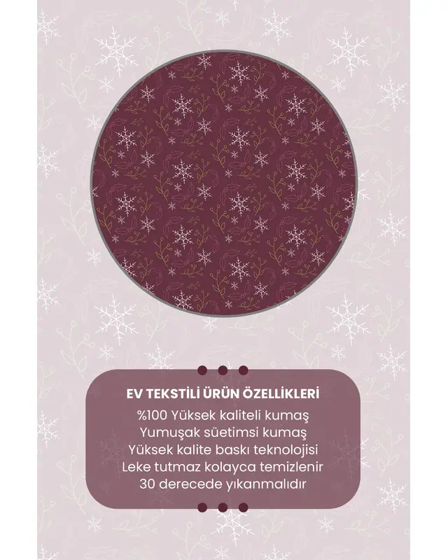 Bordo Kar Taneleri Yılbaşı Desenli Yuvarlak Masa Örtüsü Dertsiz Süet Dokulu Kumaş Yeni Yıl - 3