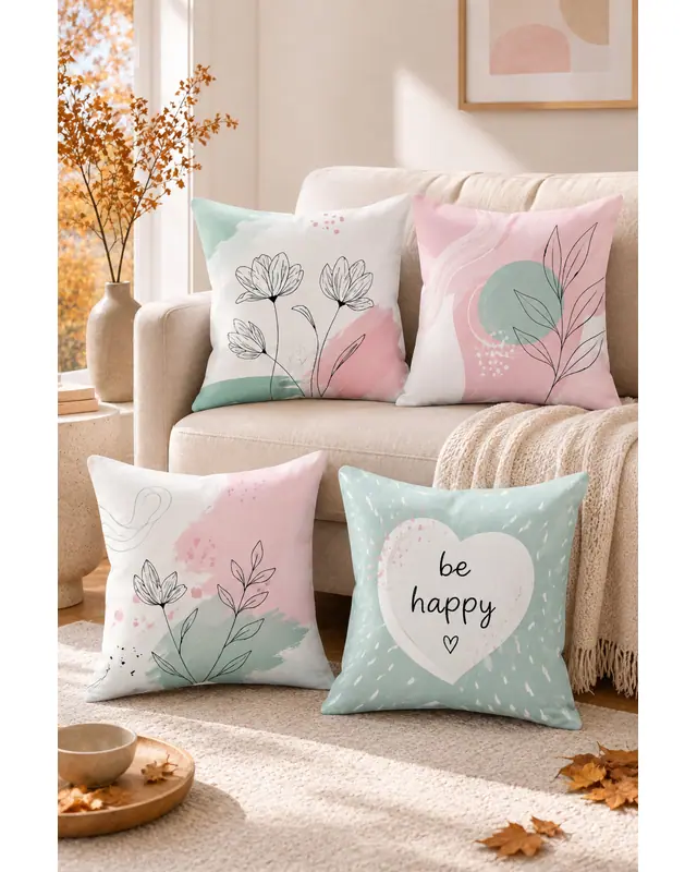 Mouds 4’lü Be Happy Desenli Dekoratif Kırlent Kılıfı Seti 43x43 cm