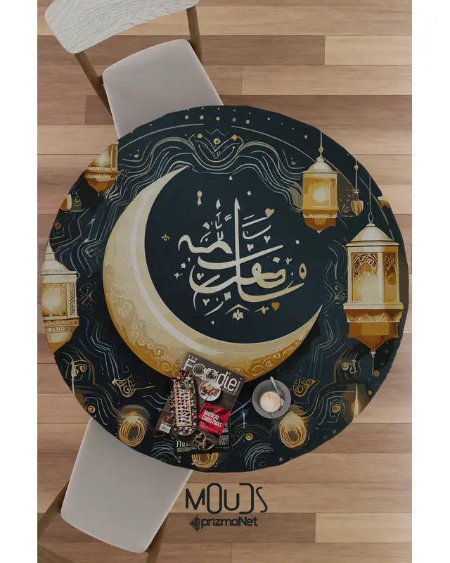 Ramazan Lacivert Ay ve Lamba Desenli Süet Kumaş Dertsiz Yuvarlak Masa Örtüsü Ramadan - 4