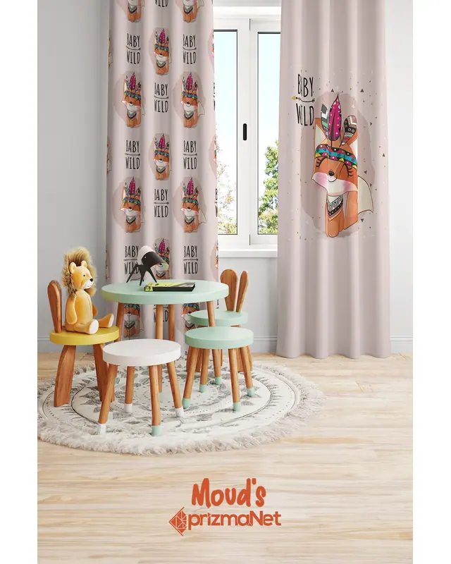 Baby Tilki Patterned Printed Kids' and Baby Room Decorative Curtain - Set of 2 Panels - PRD-11 - 2