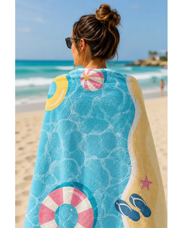 Dijital Baskılı 70x150cm Mavi Tatil Desenli Plaj Havlusu - Banyo Havlusu - Deniz Havlusu - 4
