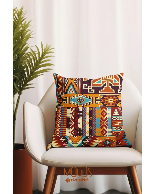 2'li Ethnic Kilim Pattern Double-Sided Printed Suede Cushion Cover Set - 5
