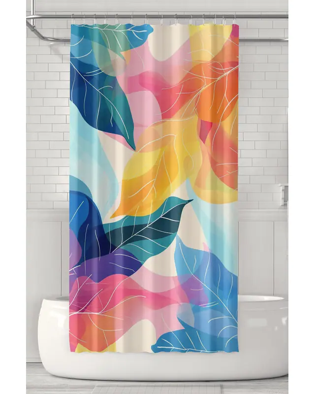 Banyo Perdesi, Renkli Yapraklar Desenli Duş Perdesi, Küvet Perdesi, Halka Hediyeli 175x200cm BP-09