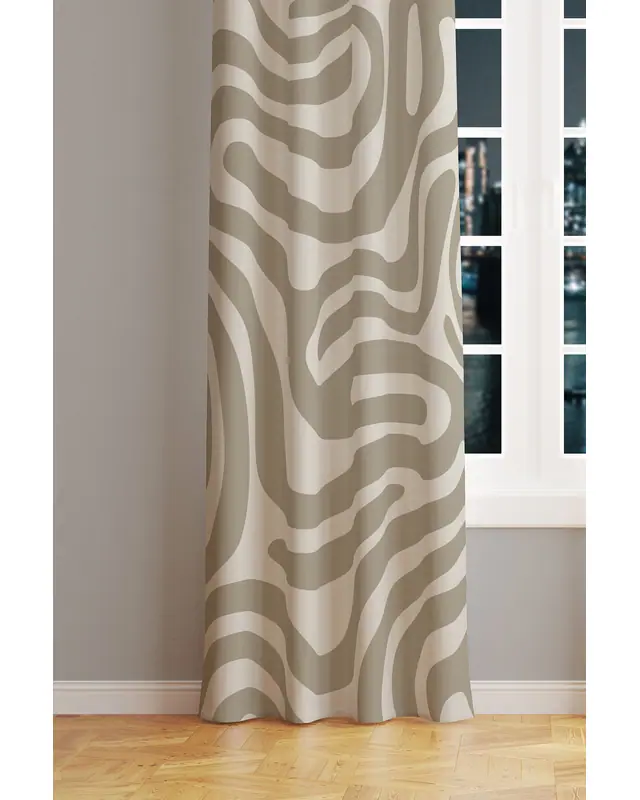 Brown Wave Patterned Suede Living Room Decorative Curtain Printed Pencil Pleat - Single Panel - PRD-1067-TK
