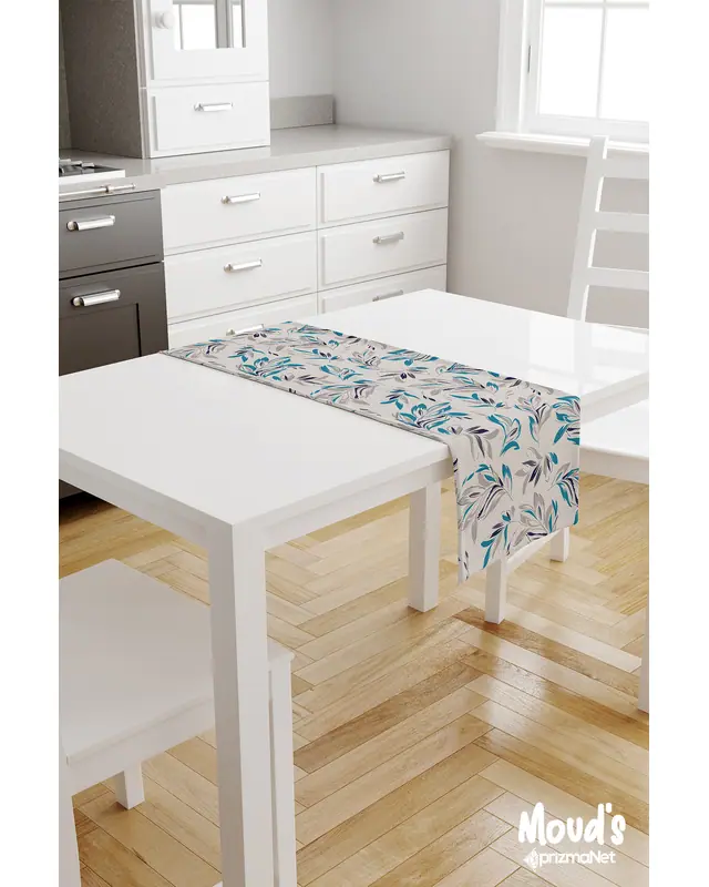 Blue Floral Pattern Printed Suede Table Runner - 2