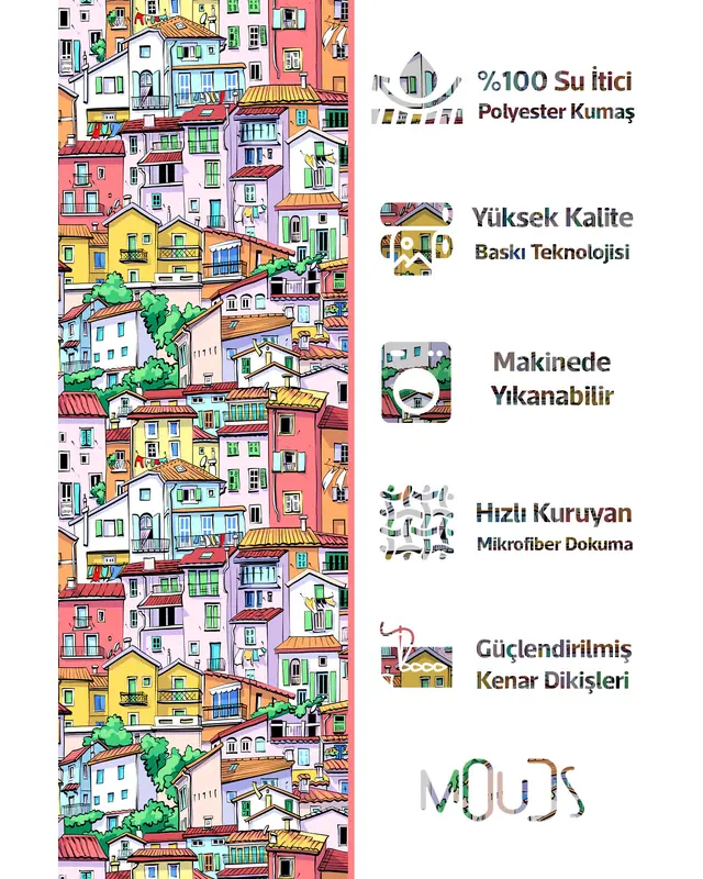 Banyo Perdesi, Renkli Evler Desenli Duş Perdesi, Küvet Perdesi, Halka Hediyeli 175x200cm BP-74 - 2