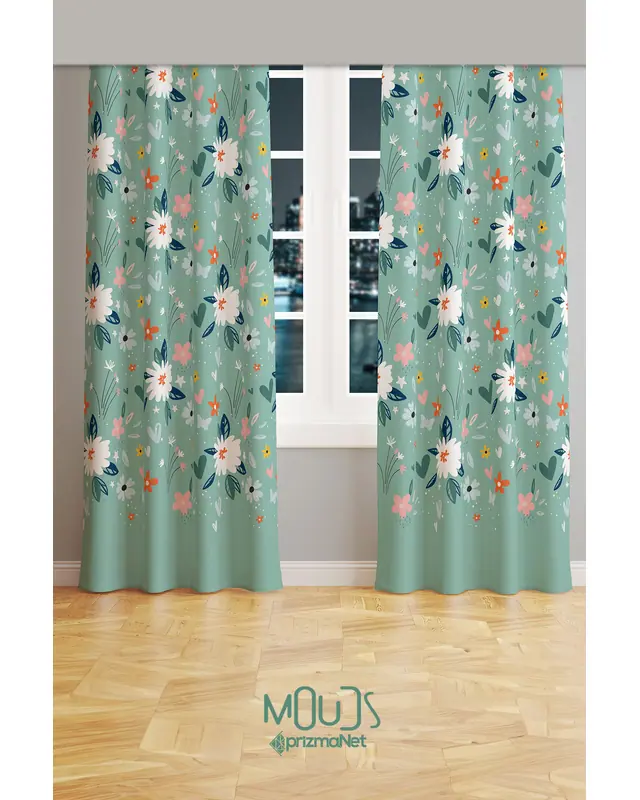 Old Flower Patterned Suede Living Room Decorative Curtain Printed Pencil Pleat - Set of 2 Panels - PRD-1032 - 2