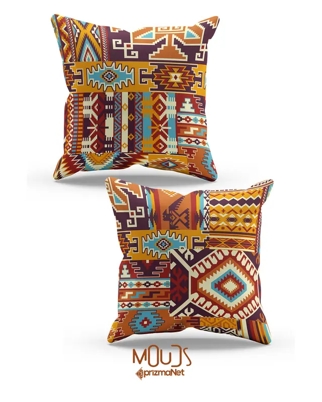 Çift Tarafı Baskılı Etnik Kilim Desenli 2'li Kombin Süet Kırlent Kılıfı