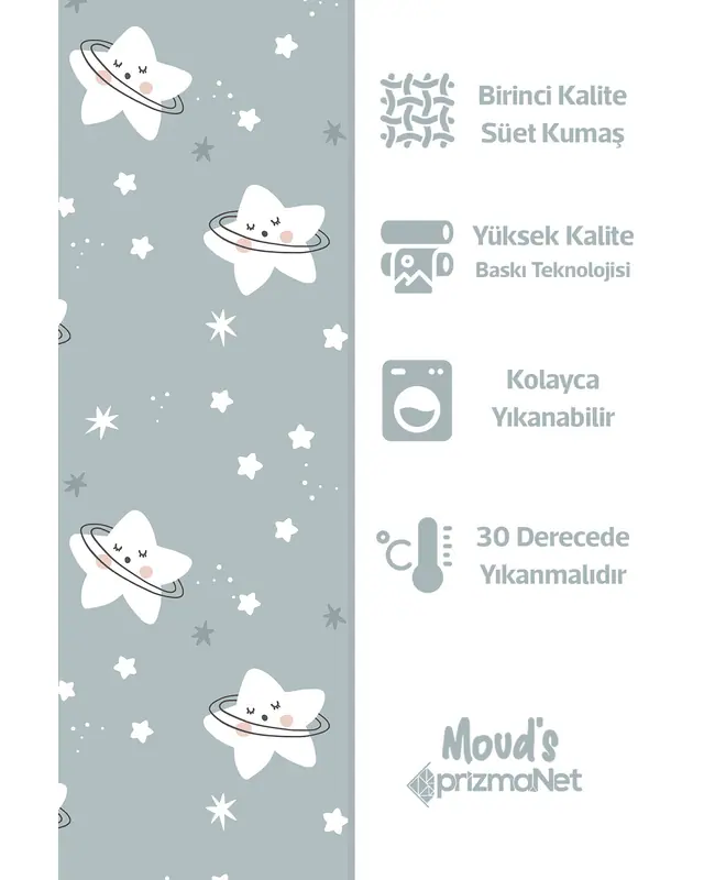 Tatlı Yıldız Desenli Baskılı Çocuk ve Bebek Odası Fon Perdesi 2 Kanat - PRD-13 - 4