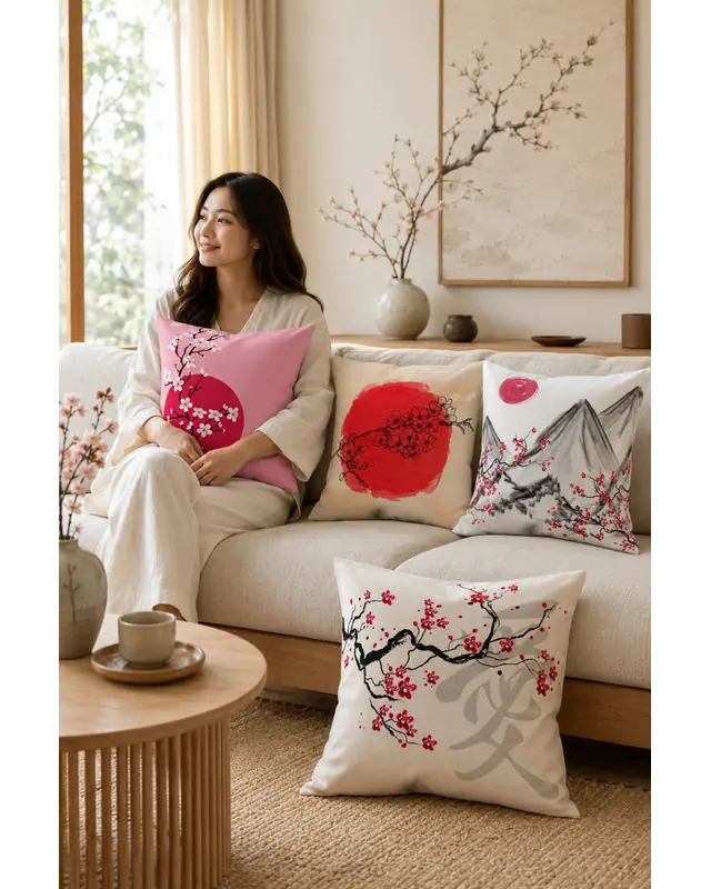 Çift Tarafı Baskılı Blossom Japan Desenli 4'lü Kombin Süet Kırlent Kılıfı - 2