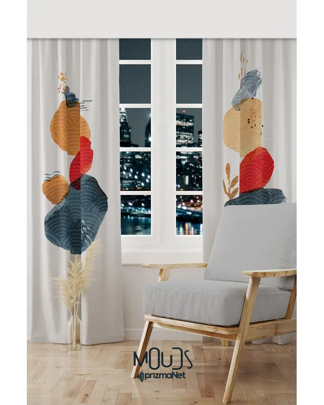 Japanese Stone Desenli Süet Oturma Odası Salon Fon Perde Baskılı Ekstrafor Büzgü 2 Kanat PRD-1109