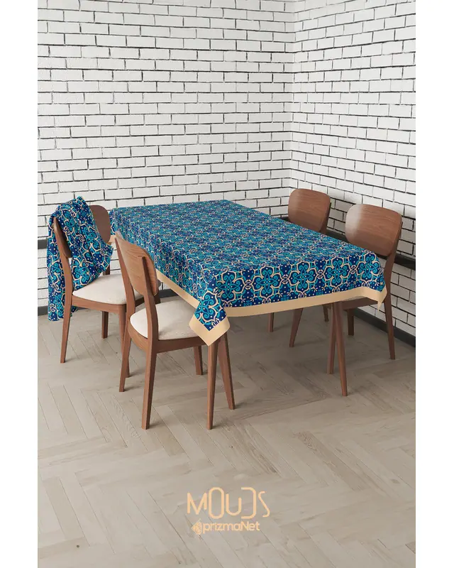 Blue Cream Ornament Islamic Rectangular Easy-Care Suede-Feel Tablecloth - MS-235 - 5