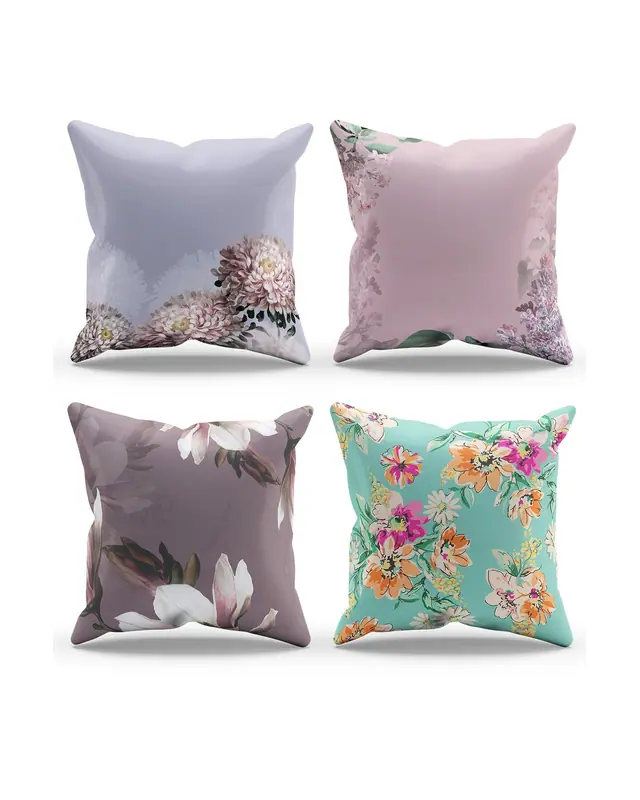 Double-Sided Printed Vintage Flowers Pattern Set of 4 Coordinated Suede Cushion Cover